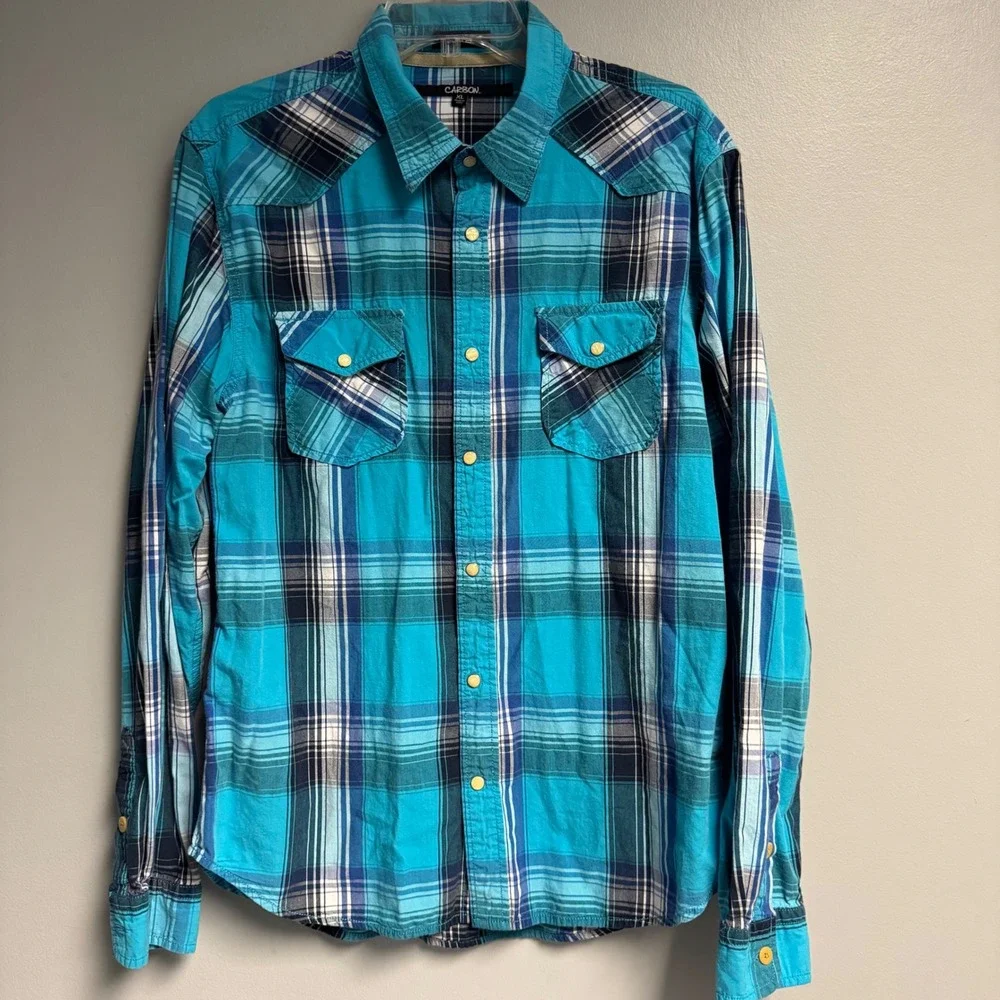 Carbon2Cobalt Button Up Shirt Mens XL Plaid Slim Fit Long Sleeve Pearl Snaps - Picture 10 of 15